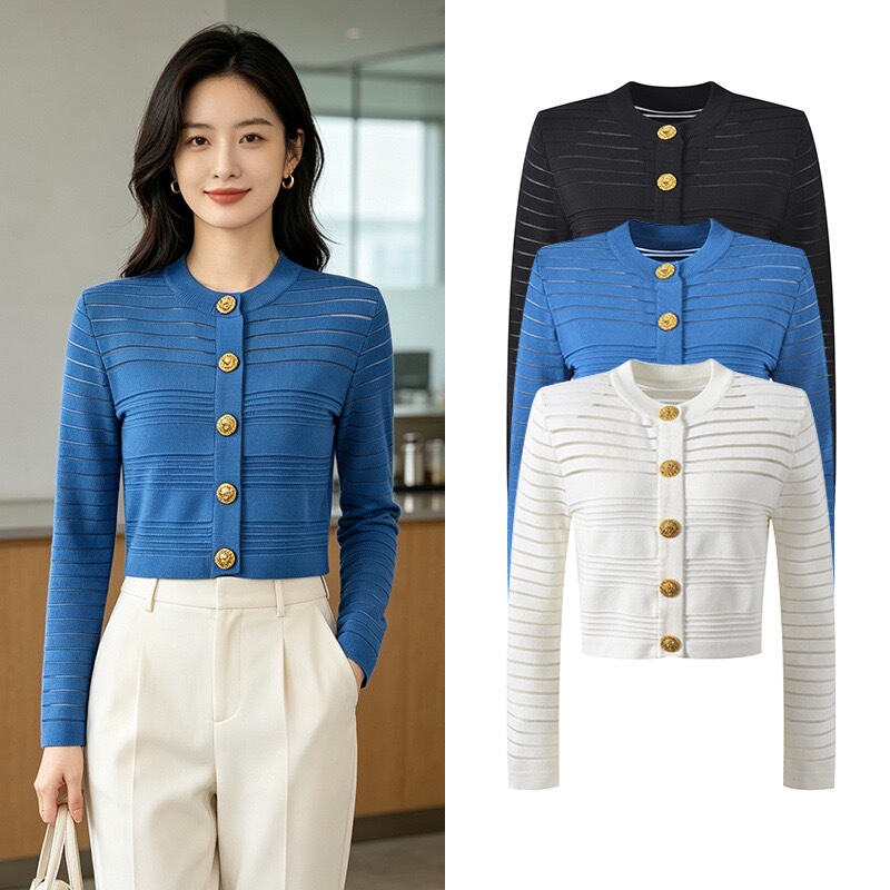 Effie Balmain 2026 Autumn/Winter New Luxury Hollow Striped Knit Gold Button Cardigan Jacket Effie Balmain 2026 Autumn/Winter New Luxury Hollow Striped Knit Gold Button Cardigan Jacket