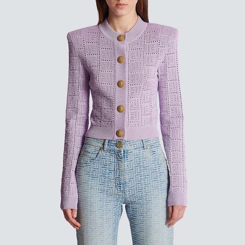 Balmain Gina 2025 New Long-Sleeve Short Round-Neck Hollow-Out Knit Sweater Fashion Cardigan Jacket