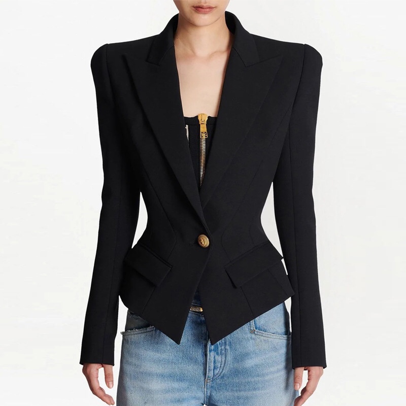 Balmen/Balmain Gina's Elegant One-Button Slim-Fit Blazer, Versatile Black Short Suit