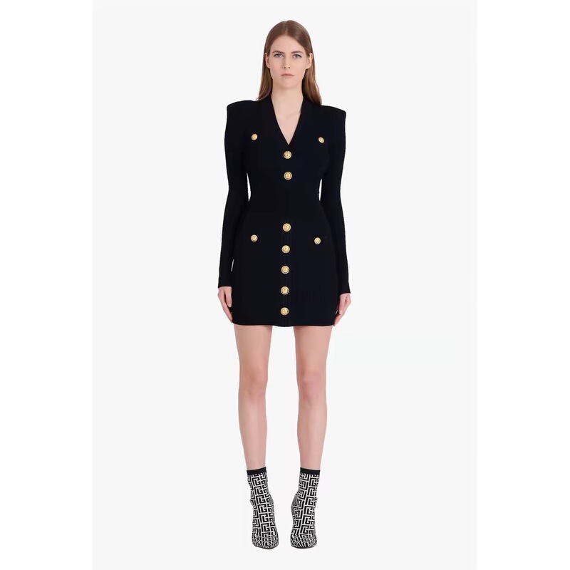 Balmain Gina 2025 Early Spring New Style Chanel-Inspired V-Neck Slim Fit Padded Shoulder Knit Bodycon Dress French-Style Dress