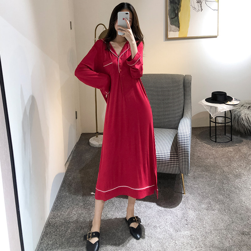 Sexy nightdress long-sleeved modal pajamas women's spring, autumn and summer long home clothes thin loose large size pregnant women can wear outside
