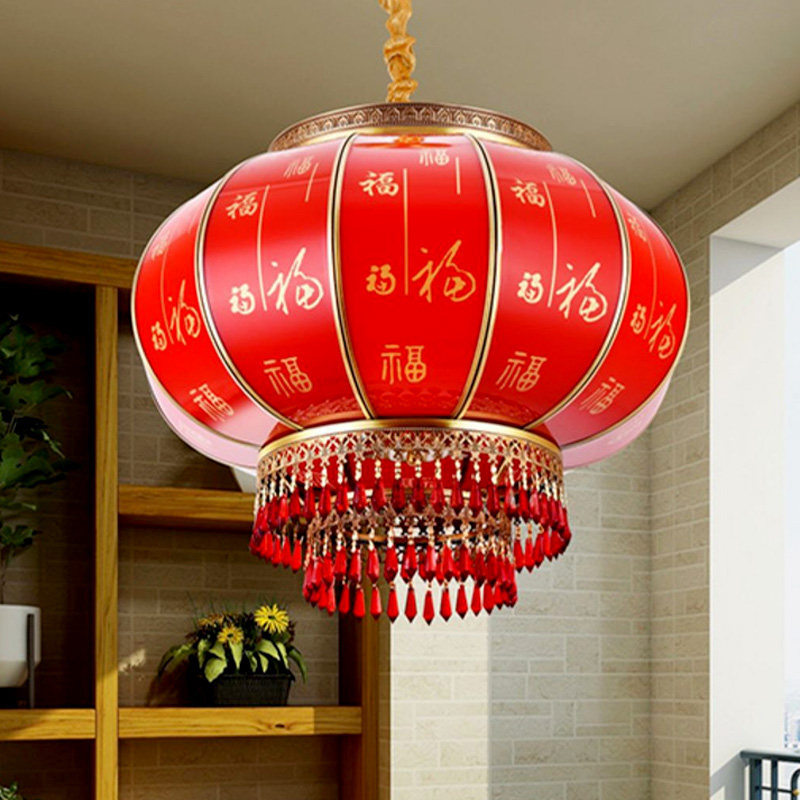 Full copper large red lantern large doorway Qiao relocating waterproof sunscreen High-end Villa Plug-in Electric Chandelia Balcony 2022 new