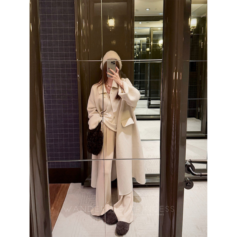 Qian Meixi 95% Australian Wool Custom-Dyed Alpaca Wool Small Lapel Straight Double-Sided Wool Long Coat with a Lazy and Elegant Style