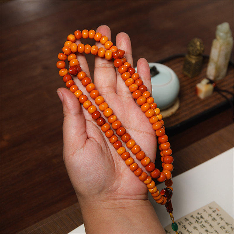 (Swallow best) natural old beeswax 108 Buddha bead rosary beads old beeswax heirloom collection tower chain necklace