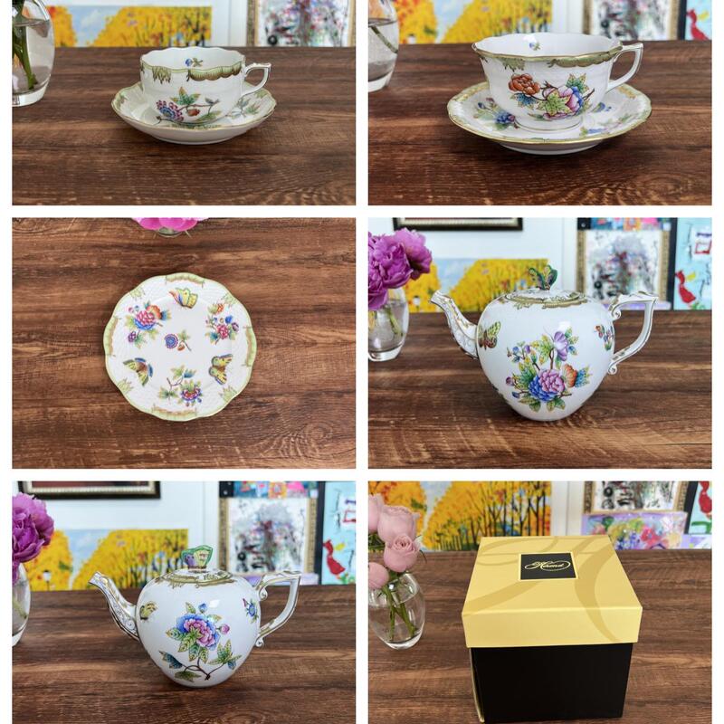 Herend Haren Hungarian Hand-Painted Classic Victorian Butterfly Lid Afternoon Tea Set Vbo