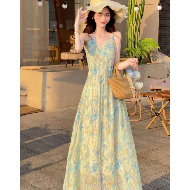French-Style Dress, Fresh New Design, Green Floral Print, Waist-Cinching, Elegant, Niche Design, Vacation Summer Strap Dress French-Style Dress, Fresh New Design, Green Floral Print, Waist-Cinching, Elegant, Niche Design, Vacation Summer Strap Dress