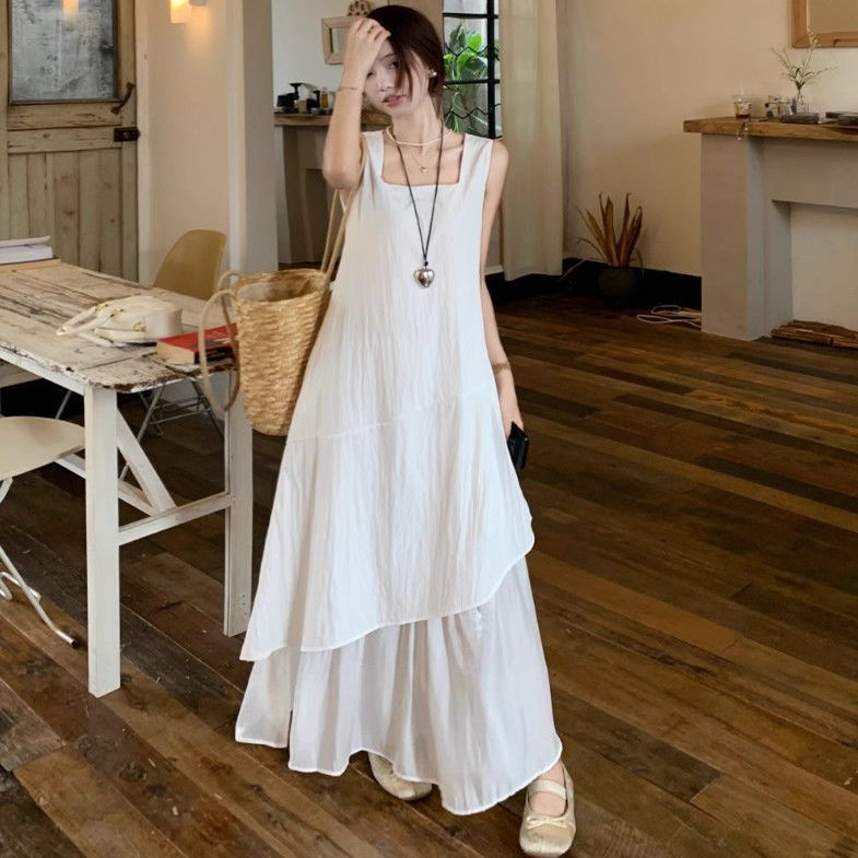 Vest Dress, White, Asymmetrical, Summer 2025 New Style, French Style, Loose, Slimming, Light Luxury Long Dress