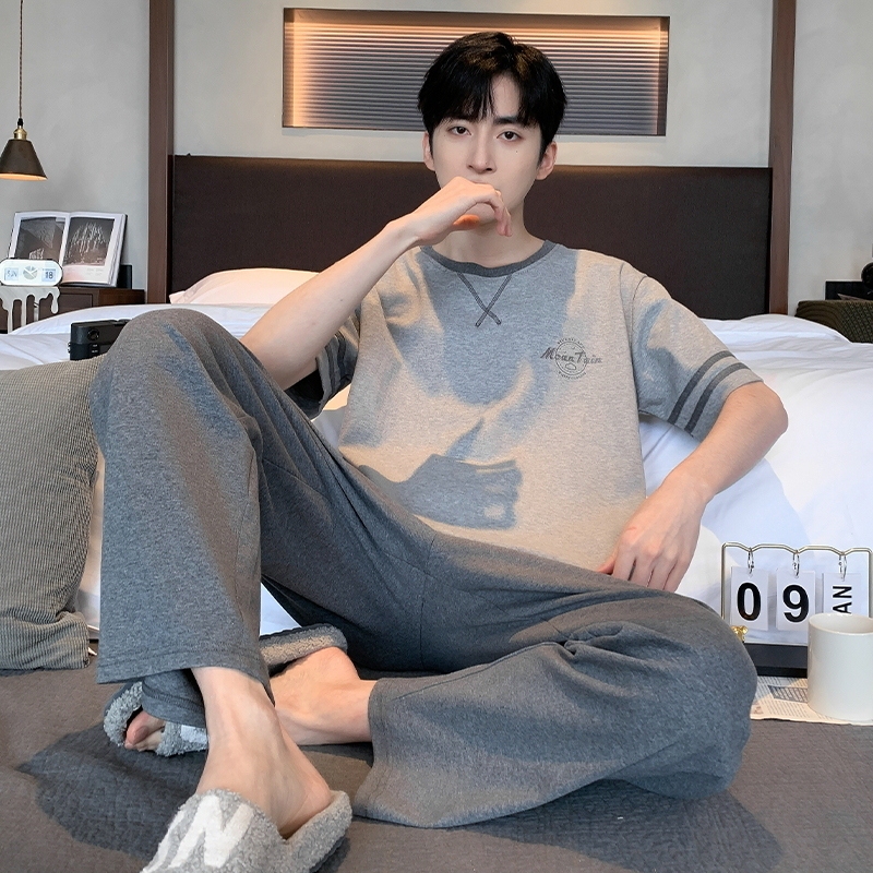 Men's Pure Cotton Summer Short-Sleeve Long-Pants Pajamas, Thin Style for Teenagers, Spring and Autumn, Large Size, Casual, Suitable for Wearing Outside, Home Wear Set
