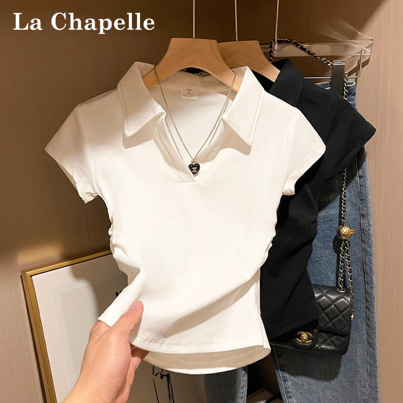 La Chapelle White Polo Collar Short-Sleeved T-Shirt for Women 2026 New Summer Pure Cotton Pleated Waist-Cinching Top