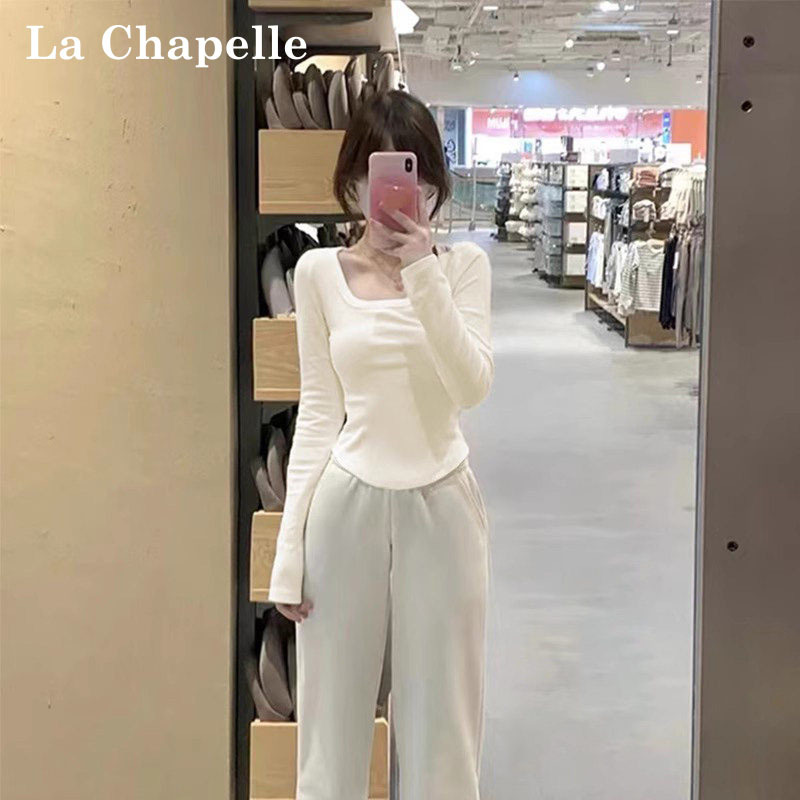 La Chapelle Square-Neck Base Shirt for Women, Suitable for Spring, Autumn, and Winter, Made of Pure Cotton with a Stylish Curved Hem, Warm Long-Sleeve Top