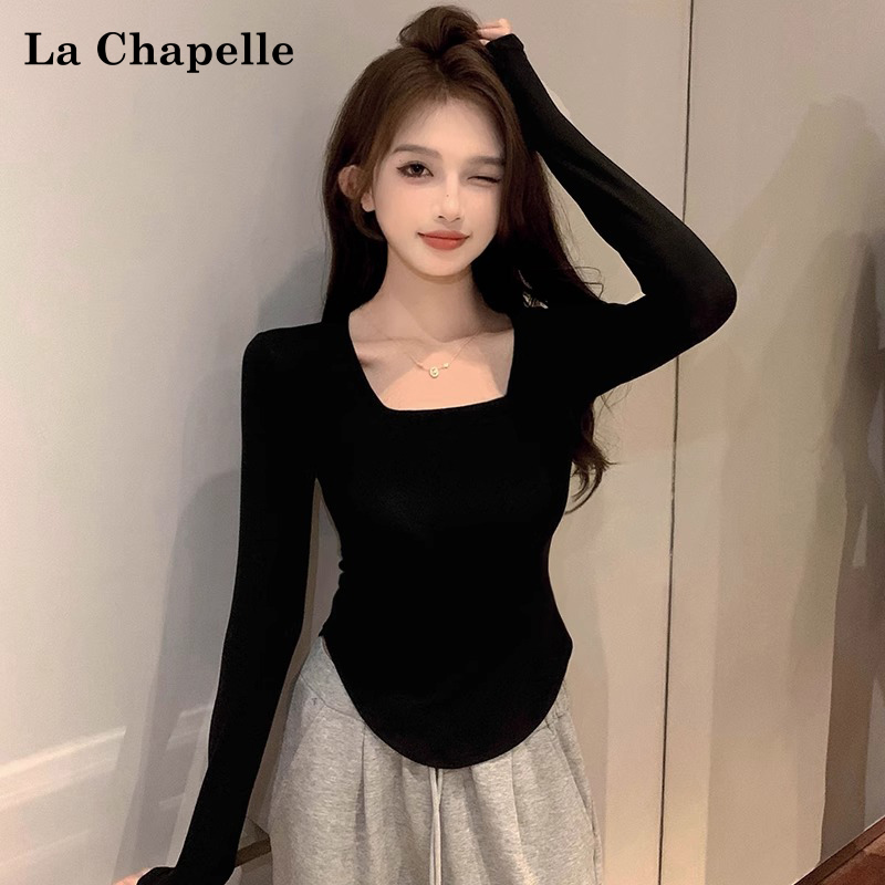 La Chapelle Black Long-Sleeved T-Shirt for Women with Square Neck and Curved Hem, Stylish and Slim-Fitting for Autumn and Winter, Long-Sleeved Base Layer