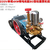 220V 4KW copper motor type 80 butter-free three-cylinder plunger pump sprayer high-pressure cleaning sprayer to absorb water