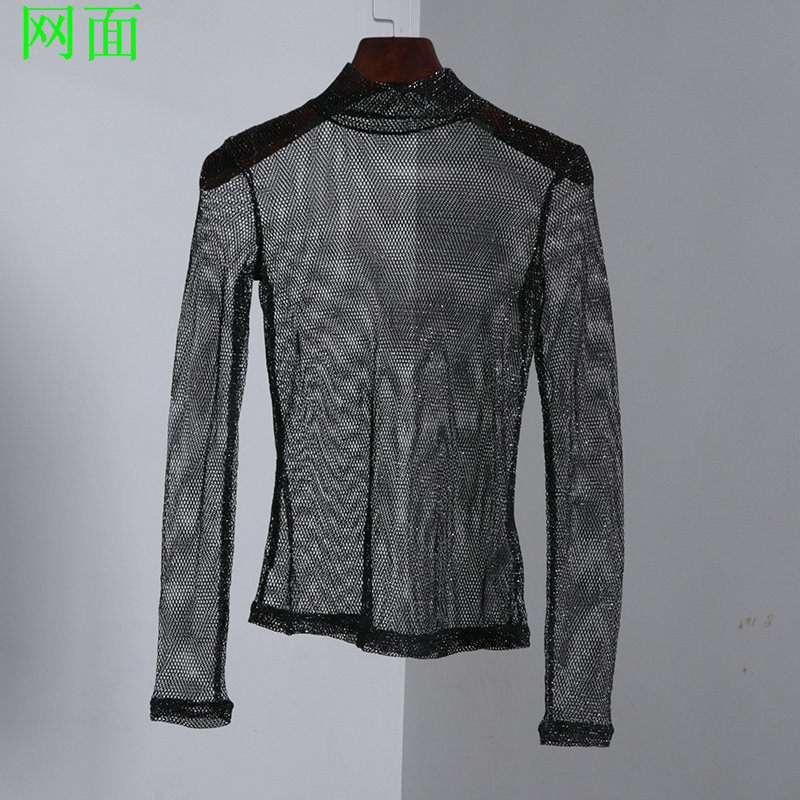 See-Through High-Neck Early Autumn Mesh Lace Hollow-Out Base Shirt for Women, Long-Sleeved Inner Top, Fishnet Cover-Up, Sexy See-Through High-Neck Early Autumn Mesh Lace Hollow-Out Base Shirt for Women, Long-Sleeved Inner Top, Fishnet Cover-Up, Sexy
