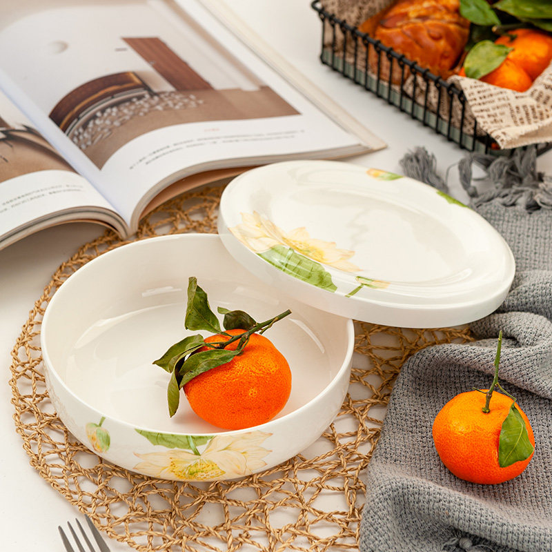 Golden Lan Jade Tang Shan Bone China 7 Inches With Porcelain Cover Plate Deep Pan Ceramic With Lid Sub Microwave Dish