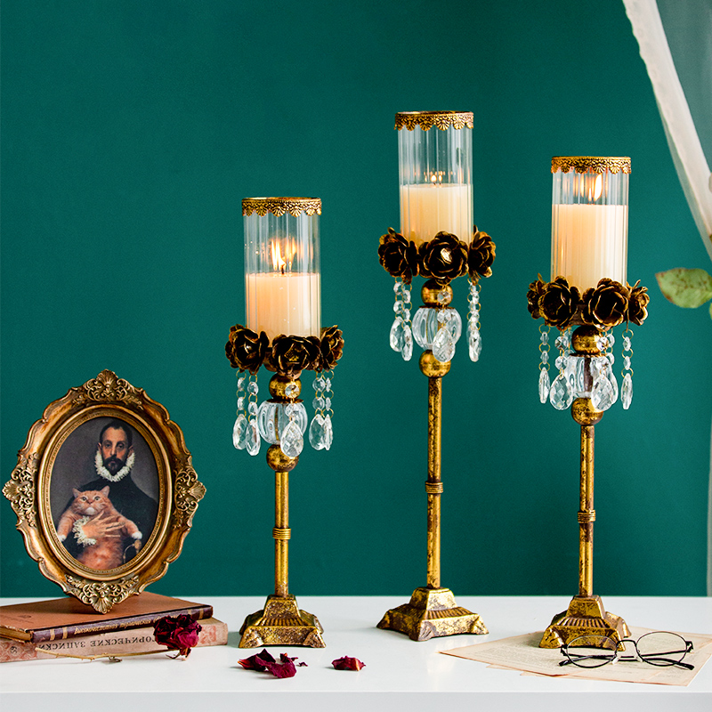 Harvest hut retro vintage glass candle holder rose flower made old wind lamp romantic wedding banquet decoration
