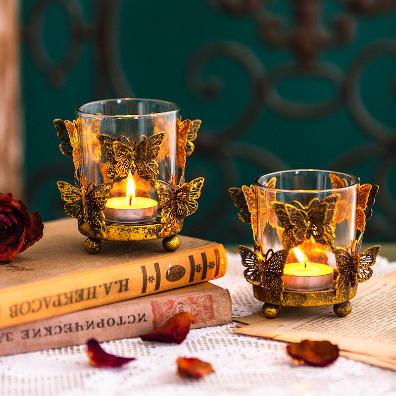 Harvest hut European retro glass candle cup wedding candlestick decoration light luxury Nordic dining room romantic aromatherapy bottle