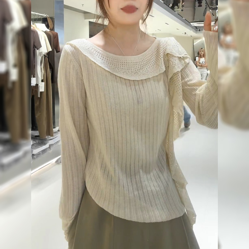 Off-White Ribbon Hollow-Out Long-Sleeve Knit Sweater for Women, Autumn 2026 New Design, Slimming and Versatile Top