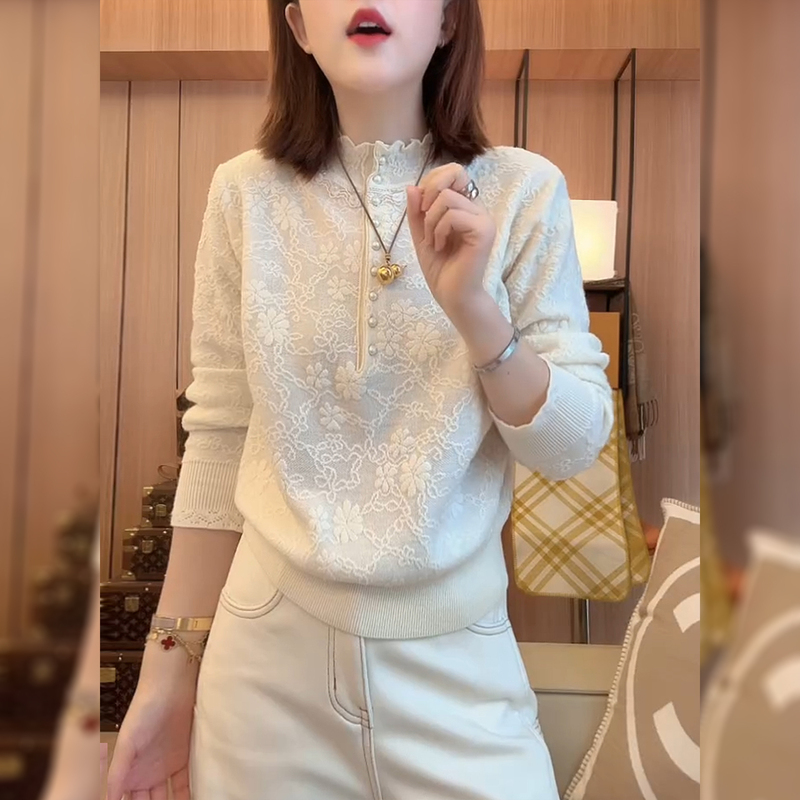 Lace-Trimmed Stand-Up Collar Sweater for Women, Spring and Autumn Knit Inner Layer, 2026 New Korean Style, Age-Reducing and Elegant Top