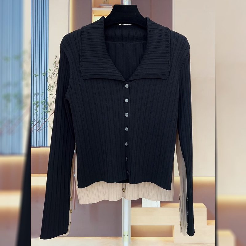 Vertical Ribbed Black Knit Sweater for Women, 2026 Autumn and Winter New Style, Elegant and Slimming Long-Sleeve Top Vertical Ribbed Black Knit Sweater for Women, 2026 Autumn and Winter New Style, Elegant and Slimming Long-Sleeve Top