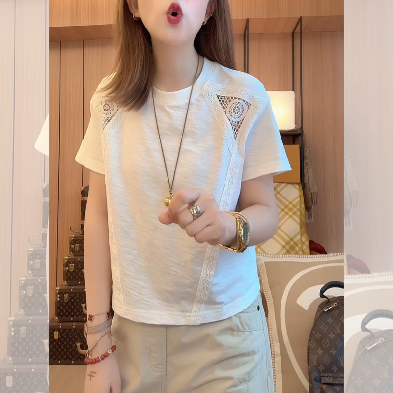 White Lace Patchwork Hollow-Out Short-Sleeve T-Shirt for Women, 2026 Summer New Style, Loose Fit, Slimming, Versatile, Elegant Top
