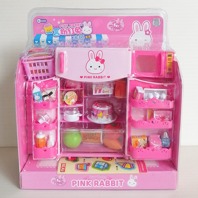 A word of pink rabbit girl plays a family wine toy children refrigerator vending machine doctor toy ice cream kitchen bed