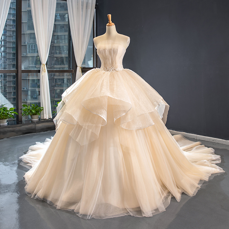 Wedding dress, tube top for bride, champagne color, 2023, fitted, tutu skirt