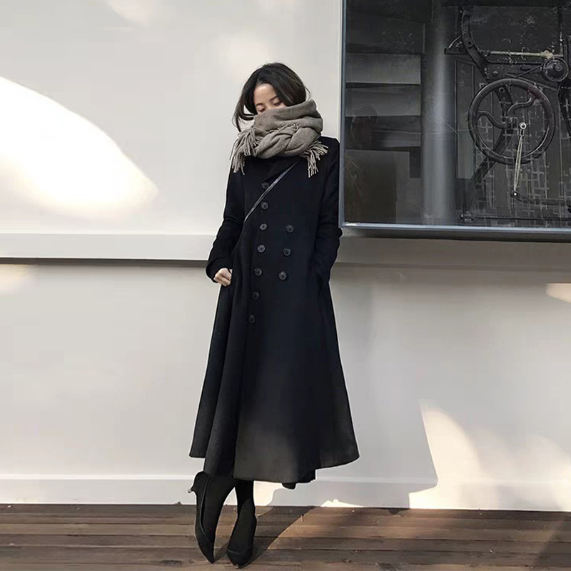 2019 Autumn Winter Đen Hepburn Coat nữ Vintage cao eo Thicked Mid-Chiều dài đúp Cắt tóc Coat Slim