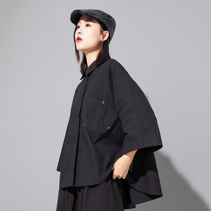Dark Style Yamamoto-Inspired Original Women's Loose Single-Breasted Lapel Pocket Plus-Size Large Hem Large Cuffs Three-Quarter Sleeve Shirt Dark Style Yamamoto-Inspired Original Women's Loose Single-Breasted Lapel Pocket Plus-Size Large Hem Large Cuffs Three-Quarter Sleeve Shirt