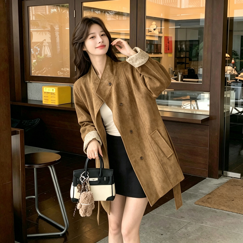 Melard Brown Trench Coat for Women 2026 Spring and Autumn New Mid-Length Petite Faux Suede Stand Collar Coat Melard Brown Trench Coat for Women 2026 Spring and Autumn New Mid-Length Petite Faux Suede Stand Collar Coat