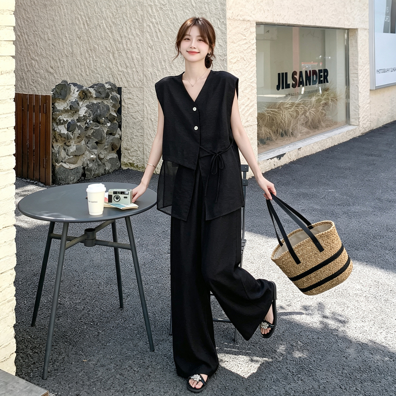 Black Old Money Style Outfit Set for Women, Summer 2026 New Trendy Casual Popular Wide-Leg Pants Two-Piece Set