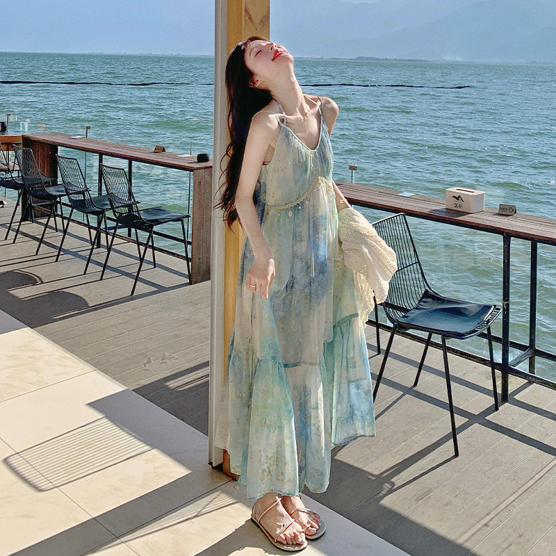 Travel Vacation Dress Set for Women 2026 Summer New Style Super Pretty Seaside Beach Dress Spaghetti Strap Long Dress
