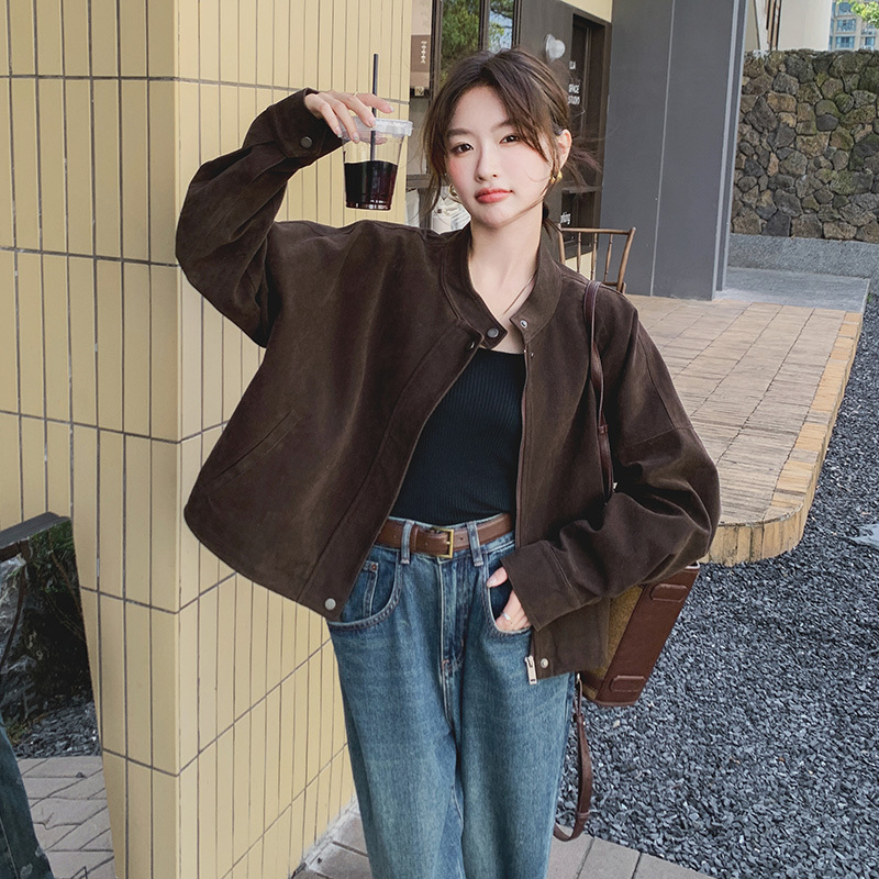 Melard Brown Short Jacket for Women, Spring and Autumn Korean Style ins Trendy Casual Retro Faux Suede Petite Jacket