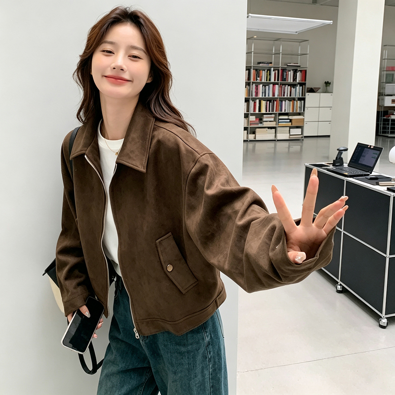 Melard Brown Jacket for Women, Spring and Autumn 2026 Trendy Casual Popular Style, Stylish Faux Suede Short Jacket for Petite Figures Melard Brown Jacket for Women, Spring and Autumn 2026 Trendy Casual Popular Style, Stylish Faux Suede Short Jacket for Petite Figures