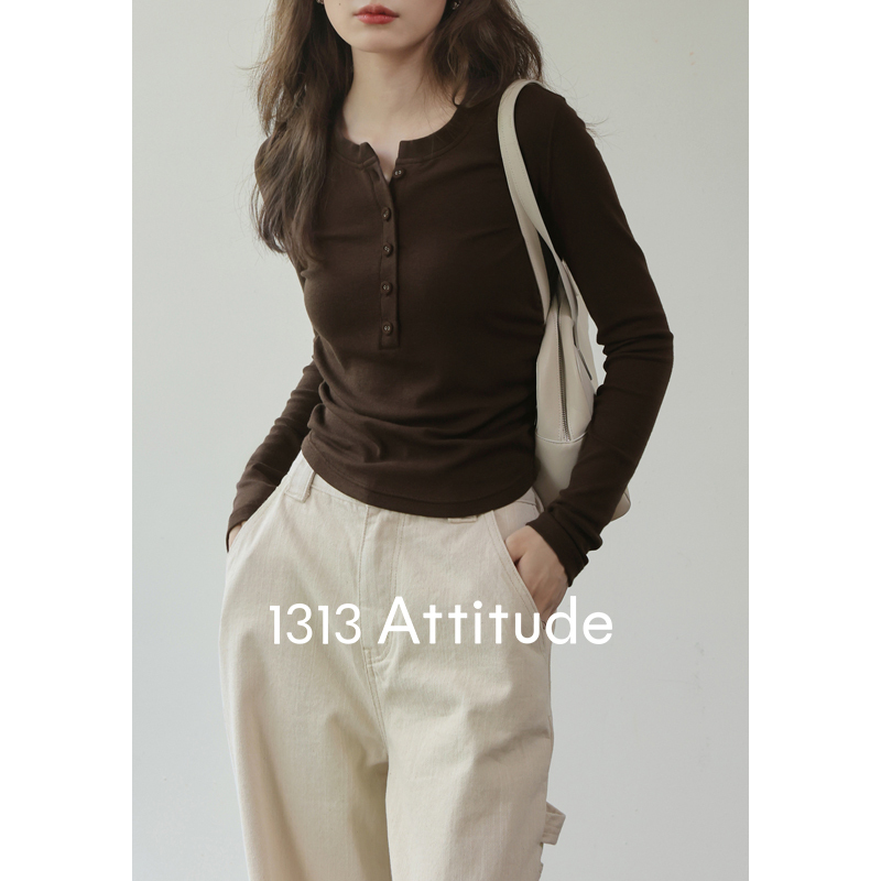 [in Stock] 1313 Slim Fit! Melard Style Long Sleeve Brown Base Shirt T-Shirt Slimming Inner Layer Henry Collar Top