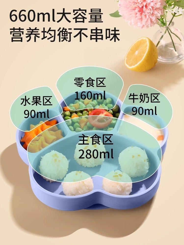 Baby Plate with Suction Cup, Integrated Compartment Plate, Baby Learning to Eat Silicone Food Bowl, Anti-Fall Children's Tableware Set