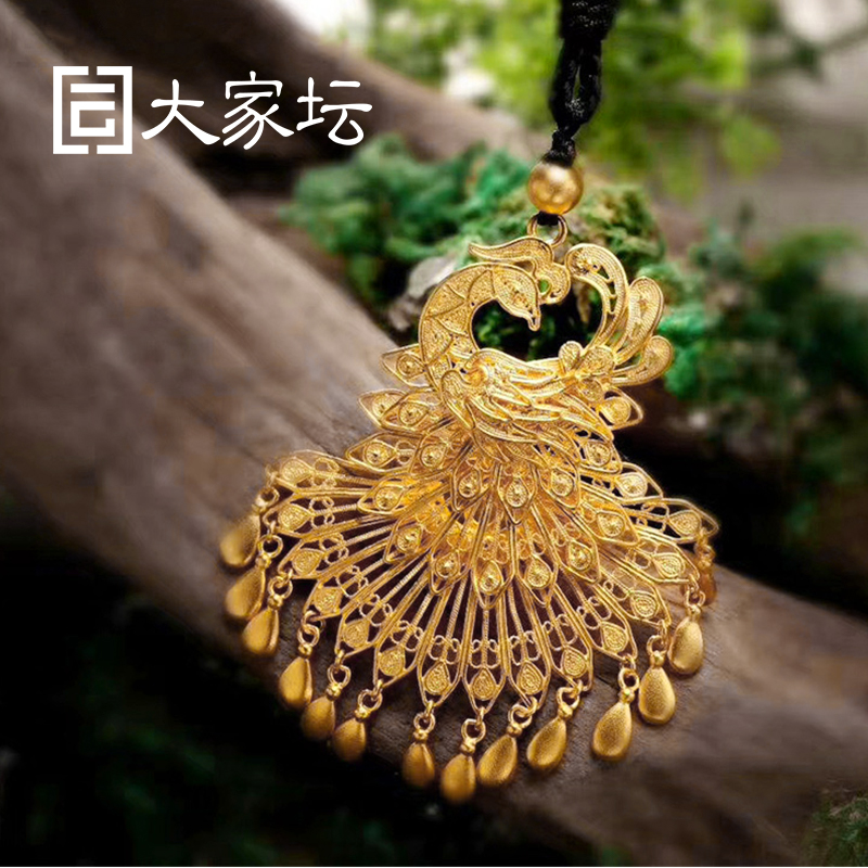 Big altar ancient method Phoenix Nirvana gold pendant hollow filigree craft neck pendant pure gold 999