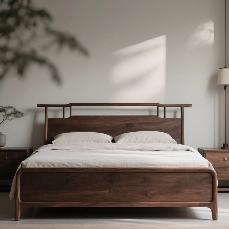 New Chinese-Style North American Black Walnut Solid Wood Bed for Master Bedroom, 1.8m Wedding Bed, Song-Style Aesthetics, Hotel and Guesthouse Double Bed