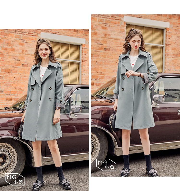 MG nhỏ voi thắt lưng giản dị áo gió nữ dài phần xuân 2019 mới dài tay áo rộng lưới khâu áo khoác thủy triều áo dạ nữ dáng dài hàn quốc