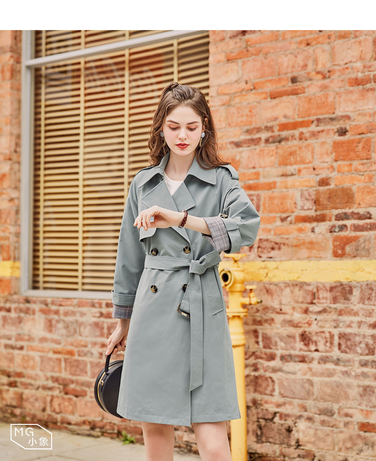 MG nhỏ voi thắt lưng giản dị áo gió nữ dài phần xuân 2019 mới dài tay áo rộng lưới khâu áo khoác thủy triều áo dạ nữ dáng dài hàn quốc