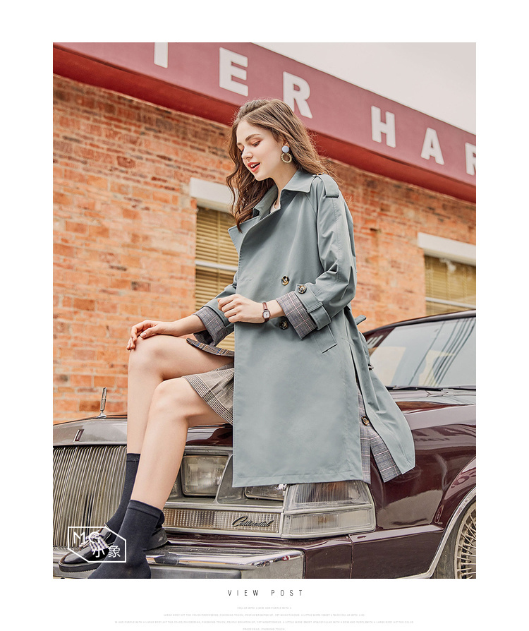 MG nhỏ voi thắt lưng giản dị áo gió nữ dài phần xuân 2019 mới dài tay áo rộng lưới khâu áo khoác thủy triều áo dạ nữ dáng dài hàn quốc