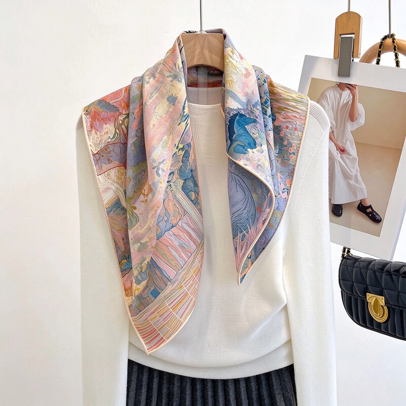 Autumn and Winter Design Plant-Themed Silk Wool Scarf for Women, Light Luxury Fashion Silk Wool Square Scarf, Warm Silk Wool Shawl