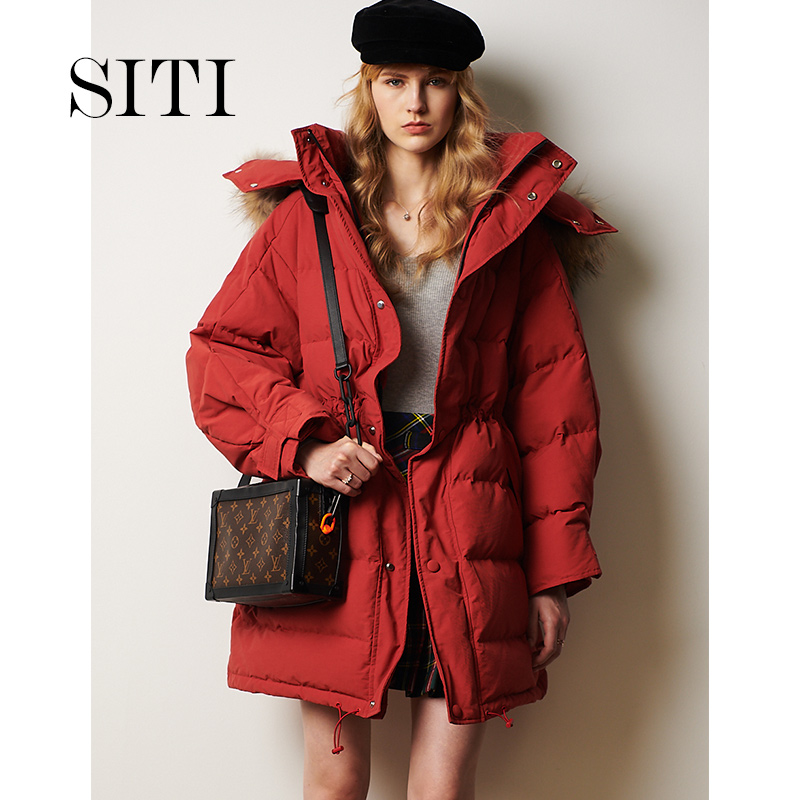 Down jacket women's long version of the red big hair collar thickened goose down frock bread jacket winter 2021 fashion Korean version