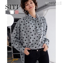 siti blue gray polka dot long sleeve shirt asymmetric bow tie top retro bow design sense niche polka dot