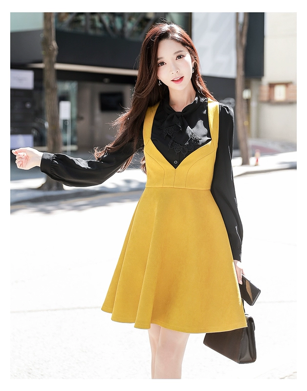 Búp bê lớn màu hồng mùa thu mới của phụ nữ thời trang retro khí eo Một hình đu lớn eo cao vest váy