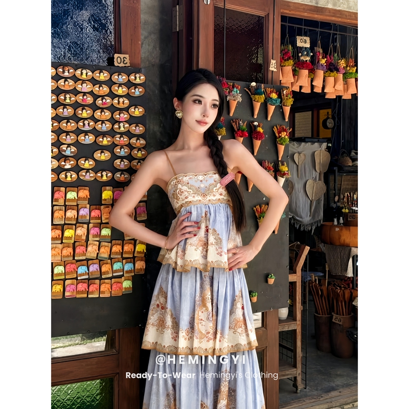 Hmy Chiang Mai Rainy Season Korean Style Summer Retro Oil Painting Print Suspender Long Dress with a Sense of Atmosphere for Vacation Hmy Chiang Mai Rainy Season Korean Style Summer Retro Oil Painting Print Suspender Long Dress with a Sense of Atmosphere for Vacation