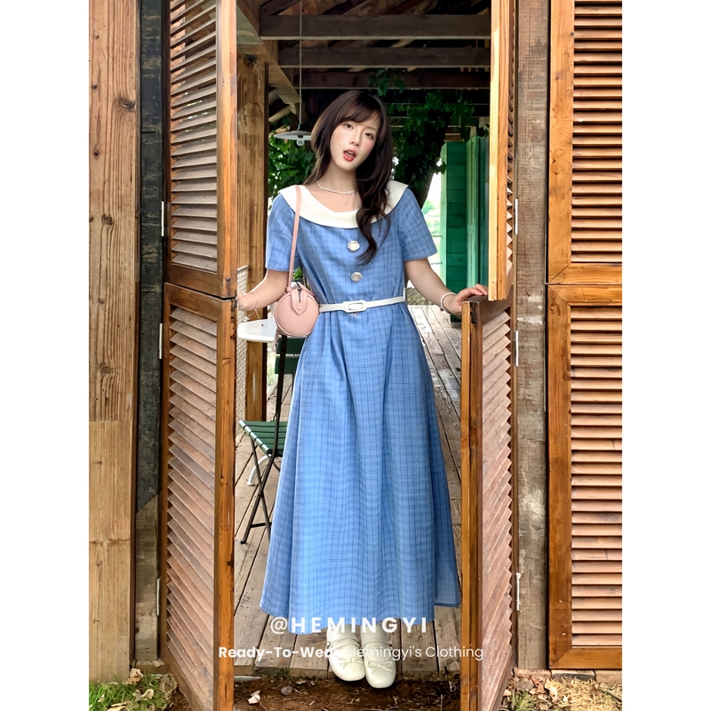 Hemingyi French-Style Plaid Starfish Embroidery Dress for Women, Summer Navy Collar, Loose Fit, Slimming, Slit A-Line Long Dress Hemingyi French-Style Plaid Starfish Embroidery Dress for Women, Summer Navy Collar, Loose Fit, Slimming, Slit A-Line Long Dress