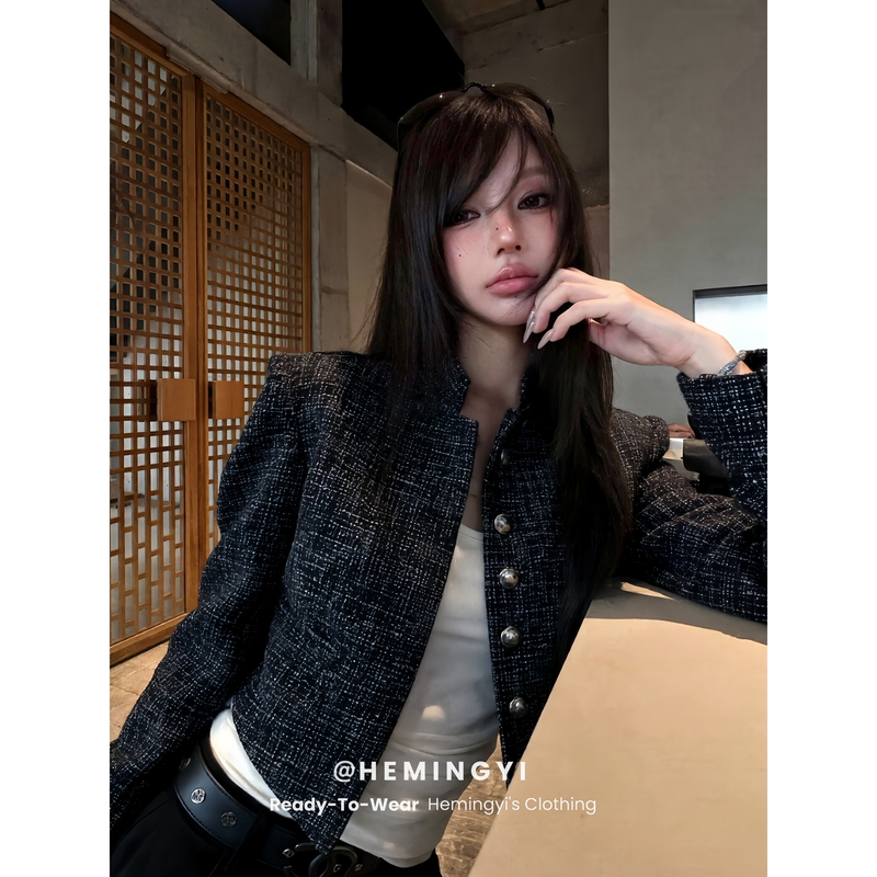Hemingyi High Street Style Black and White Tweed Short Jacket for Women, Autumn Slim Fit, Flattering, Trendy Top with Lapel Hemingyi High Street Style Black and White Tweed Short Jacket for Women, Autumn Slim Fit, Flattering, Trendy Top with Lapel