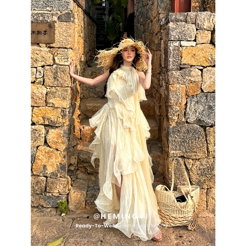 In Stock Hmy Roaming Poetry Style French Gentle Style Halter Neck Chiffon Dress with Ruffled Irregular Hem Long Skirt