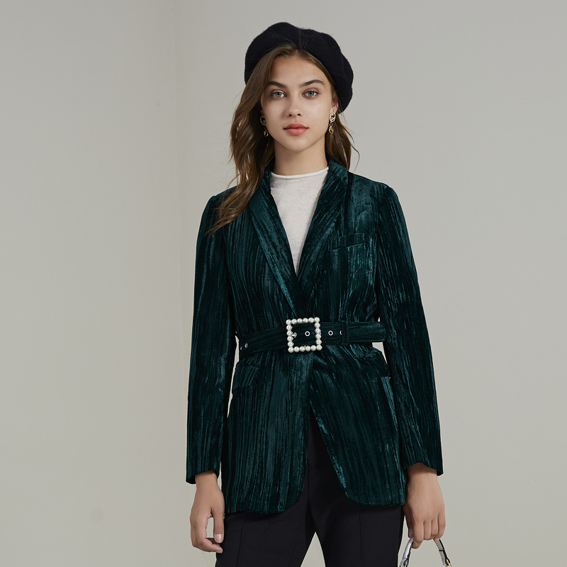 Kèn kèn 2020 mới mùa thu Ladies Short Coat Velvet Suit xanh nhỏ eo cô gái 83.226