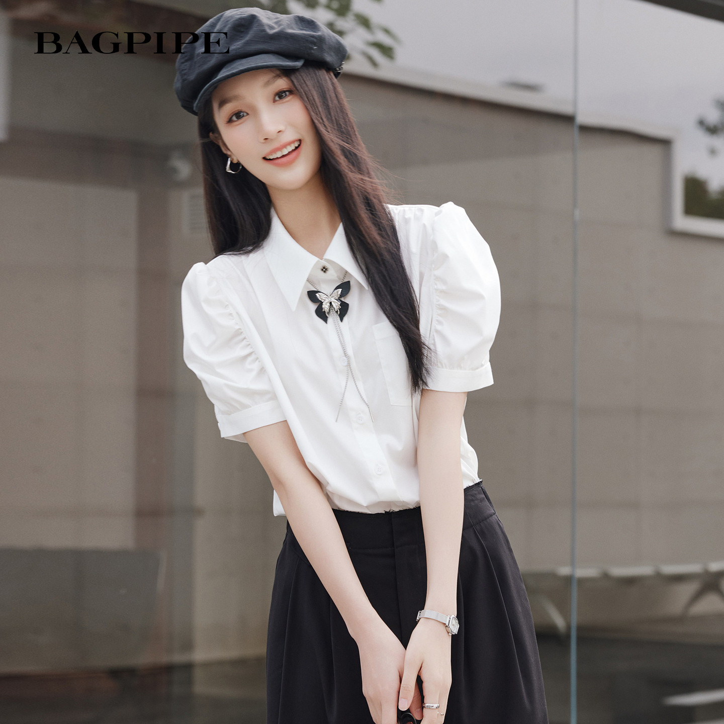 バグパイプ 2026 夏用パフスリーブ半袖シャツ レディース ラペル エレガントブラウス 取り外し可能な蝶ネクタイ付き 通勤シャツ